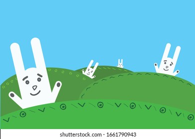 White smiling rabbits on green hills. Horizontal vector format with empty space on upper part of composition.