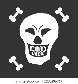 White smiling skull with four bones on a black background. Sticker for teens. Vector illustration for printing on t-shirts and other materials
