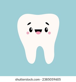 White smiling tooth icon. Healthy teeth. Cute cartoon kawaii funny face baby character. Eyes, cheeks, brows. Oral dental hygiene. Children teeth care. Flat design. Blue background. Vector illustration