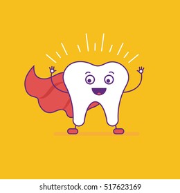 White smiling tooth logotype. Cheerful cartoon character logo in flat line style. Happy dental symbol or sign. Strong red cape superhero tooth emblem. Vector illustration