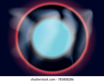White smog in pink and teal circle illustration. Digital cigarette smoke vector background. Smoke trail backdrop. Chemical smoke flow abstraction. Curly flow on space. Curved colorful flow image. 