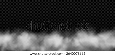 White smoke bottom border. Realistic fog with transparent effect. Thick clouds, vector background texture