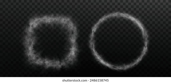 White smoke circle square puff isolated on transparent black background. PNG. Steam explosion special effect. Effective texture of steam, fog, smoke png. Vector.	
