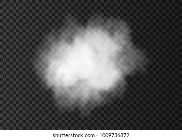 White  smoke cloud  isolated on transparent background.  Puff.  Steam explosion special effect.  Realistic  vector  fire fog or mist texture .