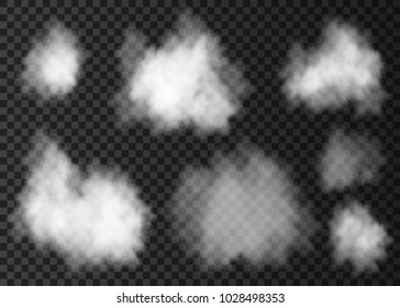 White  smoke cloud  isolated on transparent background.  Steam explosion special effect set.  Realistic  vector   fire fog or mist texture .