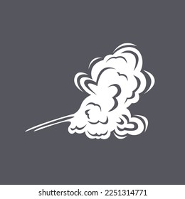 Nube de humo blanca en la ilustración de la caricatura de fondo gris. Niebla cómica, polvo, vapor caliente o humo. Vapor, atmósfera, concepto de viento