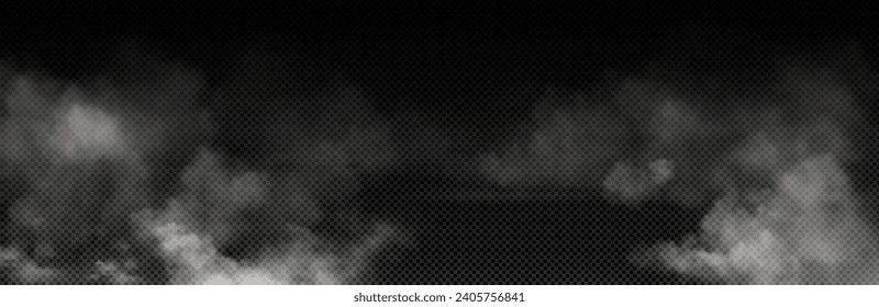 White smoke cloud with overlay effect on transparent background. Realistic border with fog. Vector illustration of smoky mist or toxic vapor on floor. Meteorological phenomenon or condensation.