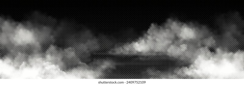 White smoke cloud with overlay effect on transparent background. Realistic border with fog. Vector illustration of smoky mist or toxic vapor on floor. Meteorological phenomenon or condensation.