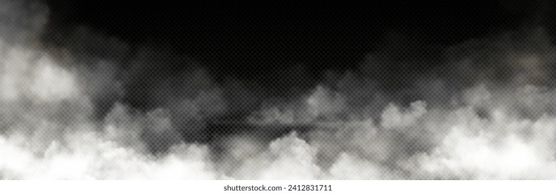 Nube de humo blanca con efecto superpuesto sobre fondo transparente. Frontera realista con niebla. Ilustración vectorial de niebla humeante o vapor tóxico en el suelo. Fenómeno meteorológico o condensación.