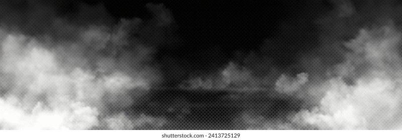 White smoke cloud with overlay effect on transparent background. Realistic border with fog. Vector illustration of smoky mist or toxic vapor on floor. Meteorological phenomenon or condensation.