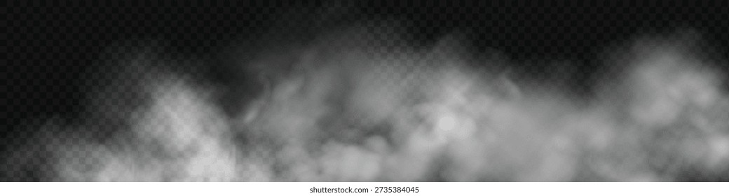 White smoke cloud with overlay effect on dark background. Realistic fog texture spreading along the floor. Atmospheric illustration of misty vapor or haze with dramatic light effect.