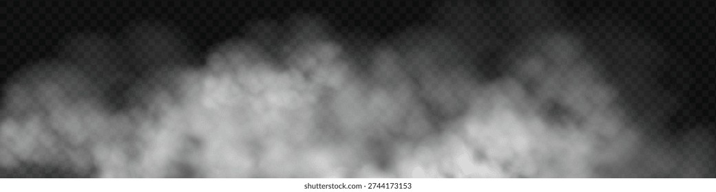 White smoke cloud with overlay effect on dark background. Realistic fog texture spreading along the floor. Atmospheric illustration of misty vapor or haze with dramatic light effect.
