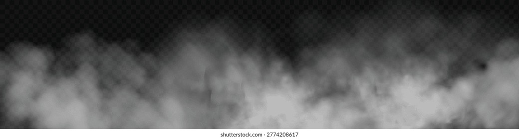 White smoke cloud with overlay effect on dark background. Realistic fog texture spreading along the floor. Atmospheric illustration of misty vapor or haze with dramatic light effect.