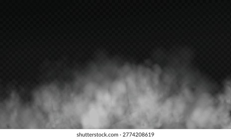 White smoke cloud with overlay effect on dark background. Realistic fog texture spreading along the floor. Atmospheric illustration of misty vapor or haze with dramatic light effect.