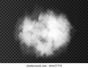 White smoke cloud or puff  isolated on transparent background. Steam explosion special effect. Realistic vector fire fog or mist texture.
