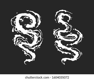 White smoke comic set. Cartoon steam clouds, puff, mist, fog or dust explosion 2D VFX illustration. Vector hand drawn elements for game, print, advertising, menu and web design.