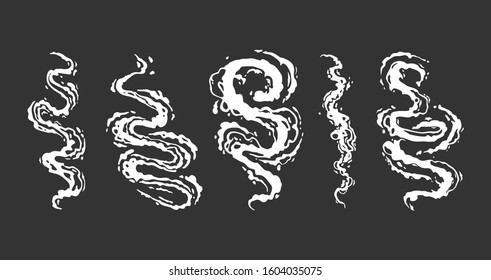 White smoke comic set. Cartoon steam clouds, puff, mist, fog or dust explosion 2D VFX illustration. Vector hand drawn elements for game, print, advertising, menu and web design.