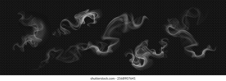 White smoke curls floating on dark background. Realistic 3d vector transparent swirl steam. Elegant flowing patterns for overlay effect. Hot food or drink vapor, abstract fire smog or spooky mist.