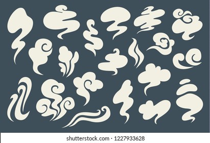 White smoke of different shapes set. Cloud of fog from cigarette or fire in cartoon style for game. Isolated flat vector illustration