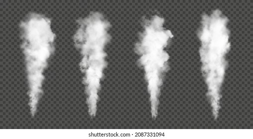 White smoke from fire, mist and steam, fog or smog clouds realistic vector vapour. Aroma or toxic steaming isolated on transparent background. Locomotive engine smoky flow, chemical steam 3d effect