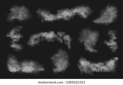 White smoke or fog 3D realistic effect on dark background. Cloudy smoky steam, blowing cigarette smog, stream of gas or spray. Vector set cloud, mist cloudiness, vapor condensation, magic dust spread