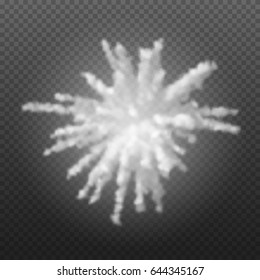 White smoke or fog explosion isolated on transparent background. Vector illustration. Realistic volumetric special effect.
