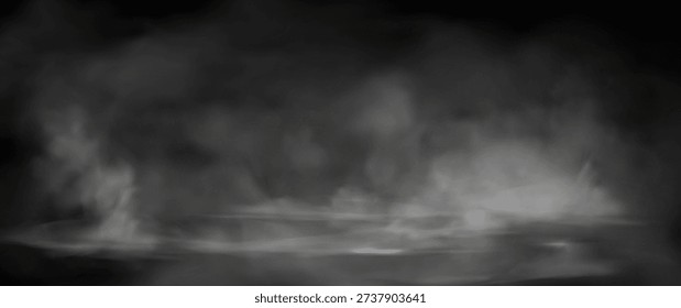 White smoke or fog flow on floor. Large mist in dark room on black background. Smoke on stage studio