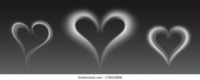 White smoke in heart shape. Love symbol from steam of hot coffee, tea or food. Vector realistic mockup of flow mist swirls. Design elements for Valentines day card isolated on transparent background