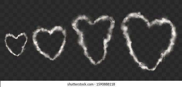 White smoke heart shape rings from cigarette, pipe or vape. Vector realistic steam clouds from hot coffee isolated on transparent background. Symbol of love for Valentine day card