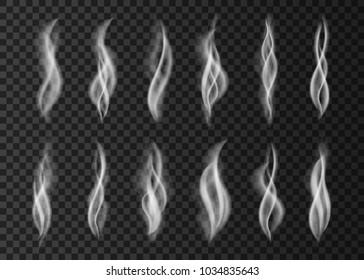 Humo blanco aislado sobre fondo transparente.  vapor caliente de una taza de café o de un café té. Huele.  Ilustración vectorial de vapor realista.