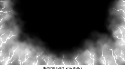 White smoke with lightnings abstract background, thunderbolts and vapor, lightning in fog. Neon haze with energy charges. Vector illustration.