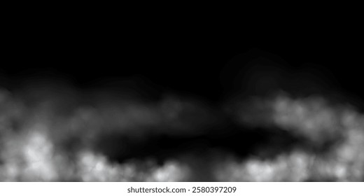 White smoke on black background. Smoky mist on ground or floor with space in center for product display. Modern realistic vector illustration.