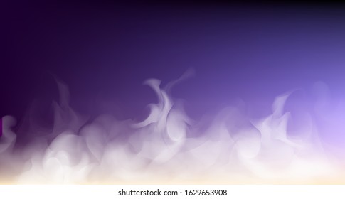 White smoke on deep blue background. Realistic fog. Vector stock illustration. Copy space. Abstract background. Colored fog. Hookah smoke. Mystic spectacular white fog.