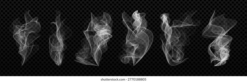 White smoke overlay set. Transparent magic steam effects with swirly lines for spooky scenes, food aroma, or bbq fume. Vector vapor shapes for coffee cups, ice, and hot meals.