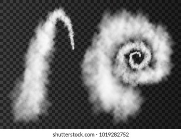 White smoke. Plane arc and spiral  track isolated on transparent background. Realistic vector cloud or fog  texture. 