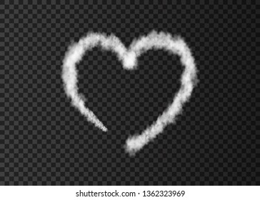 White Smoke  Plane  Heart Trail Isolated On Transparent Background.  Love. Steam  Effect.  Realistic  Vector Fog Or Cloud  For Valentine Day Banner Template .