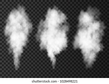White  smoke puff  collection  isolated on transparent background.  Steam explosion special effect.  Realistic  vector  column of  fire fog or mist texture .