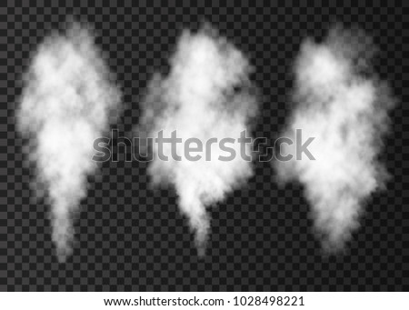 White  smoke puff  collection  isolated on transparent background.  Steam explosion special effect.  Realistic  vector  column of  fire fog or mist texture .