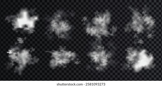 White smoke puff isolated on checkered black background. Steam explosion special effect. Effective texture of steam, fog, smoke png. Vector illustration.