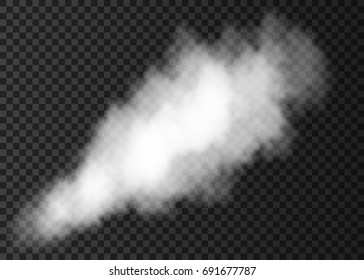 White smoke puff isolated on transparent background. Steam explosion special effect. Realistic vector fire fog or mist texture.
