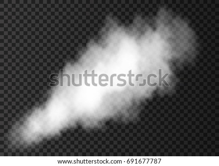 White smoke puff isolated on transparent background. Steam explosion special effect. Realistic vector fire fog or mist texture.
