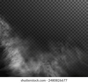 White smoke ring puff isolated on transparent black background. PNG. Steam explosion special effect. Effective texture of steam, fog, smoke png. Vector.	
