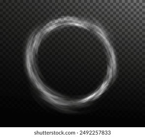 Anillo de humo blanco soplo aislado sobre fondo negro transparente. PNG. Efecto especial de explosión de vapor. Textura efectiva de vapor, niebla, humo png. Vector.	