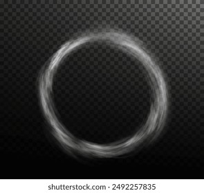 White smoke ring puff isolated on transparent black background. PNG. Steam explosion special effect. Effective texture of steam, fog, smoke png. Vector.	