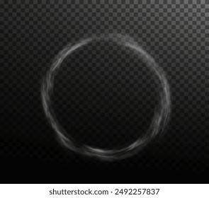 White smoke ring puff isolated on transparent black background. PNG. Steam explosion special effect. Effective texture of steam, fog, smoke png. Vector.	