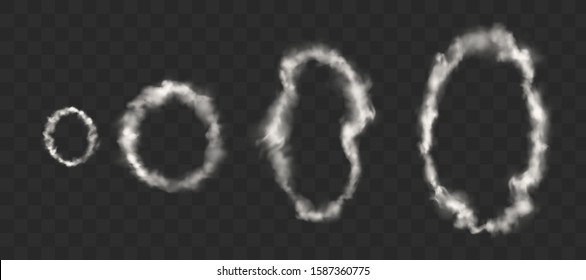 White smoke rings from cigarette, pipe or vape. Vector realistic circle of steam clouds of smoking hookah isolated on transparent background