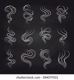 White smoke smell line icons on blackboard background. Vector illustration