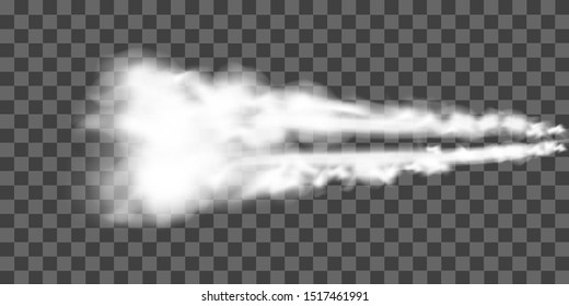 White smoke from space rocket launch on transparent background. Foggy trail airplane or jet. Vector realistic illustration