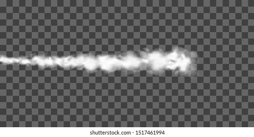 White smoke from space rocket launch on transparent background. Foggy trail airplane or jet. Vector realistic illustration