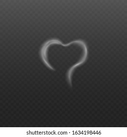 White smoke or steam in the shape of heart realistic vector illustration isolated on the transparent background. A cloud of cigarette smoke or fog abstract element.